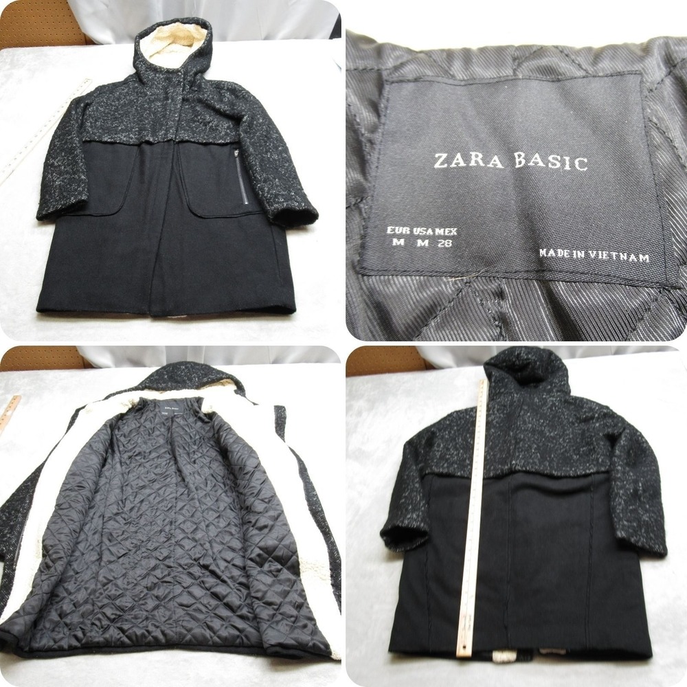 Zara Basic Jacket Womens Medium BLK Quilt Lined Hooded Wool Blend Tall Full Zip